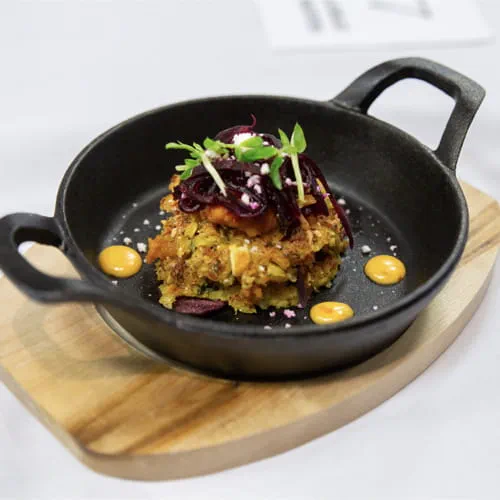 Beet Corn Cake Pickled Beet Slaw Lime Mayo Roasted Squash Puree and Bean Sprouts - Recipe