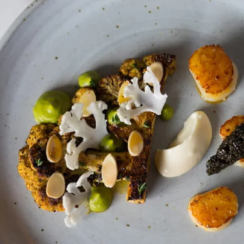 Brazilian Style BBQ Cauliflower Seared Scallop Green Curry Sauce Amandine Acadian Caviar - Recipe