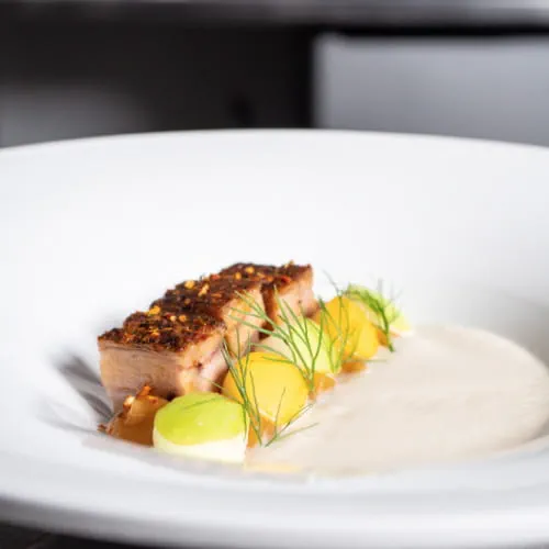 Confit Cauliflower Soup with Pork Belly Apple and Fennel - Recipe