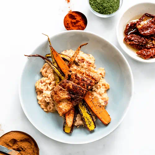 Cinnamon Crusted Salmon with Sun-Dried Tomato Risotto and Carrots - Recipe