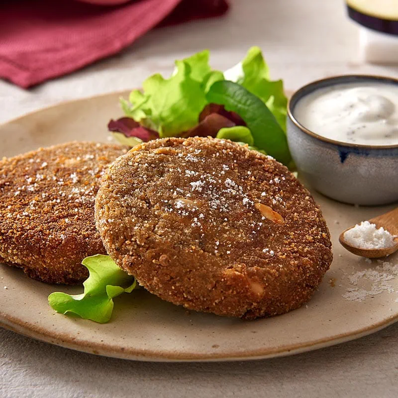 Hamburger di melanzane con fiocchi di sale grigio bretone