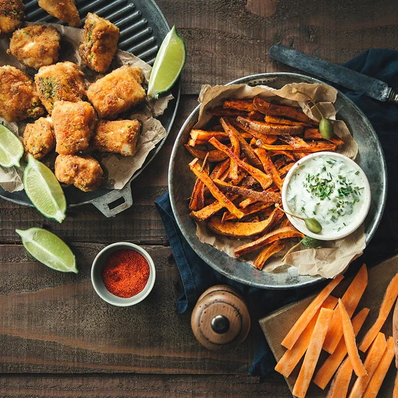 Filetes de peixe e batata-doce assada