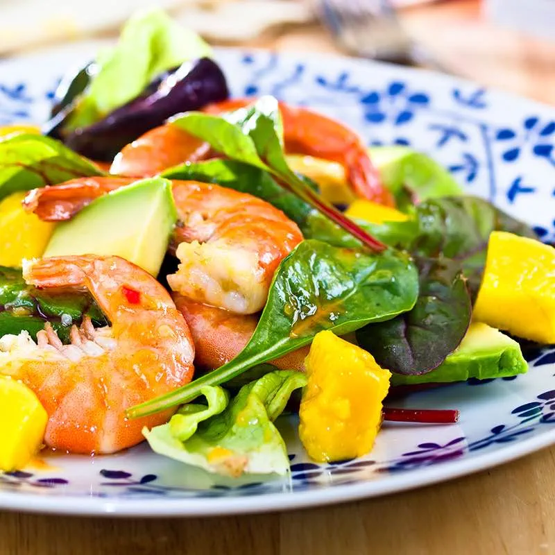Salada de Camarão com Abóbora em Conserva, Açafrão e Coentros