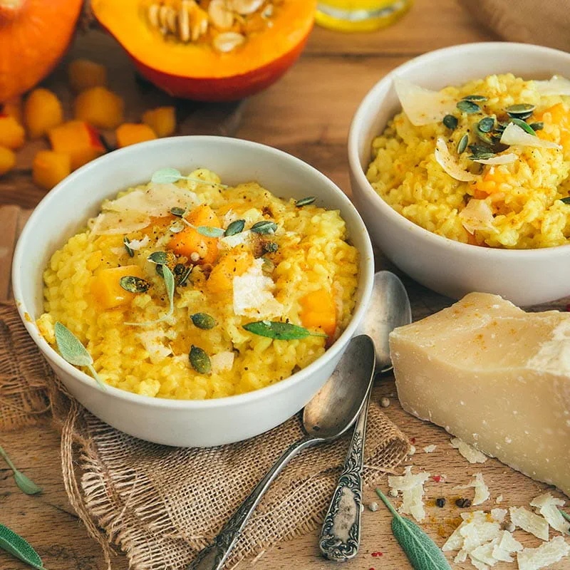 Risotto de abóbora com caril biológico e leite de coco