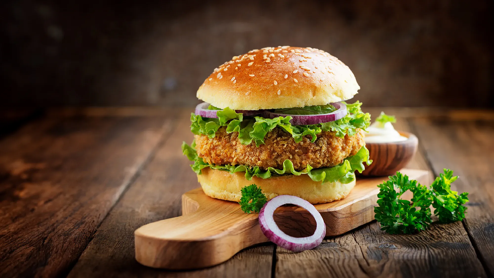 Korean Styled Fried Chicken Burger with Kimchi Mayo