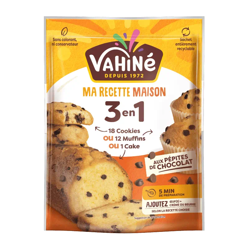 preparation 3 en 1 cookies muffins et cake aux pepites de chocolat